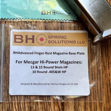 BHAdvanced Mecgar 15 Round Blued 9mm Hi-Power Magazine w/ Nickel/Stainless Aluminum Finger-Rest Base Plate (+0 capacity)